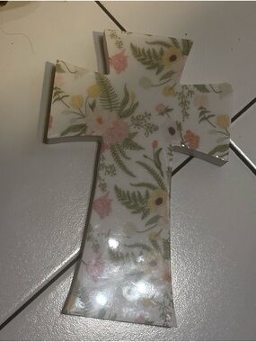 Macy's Floral Ceramic Cross Wall Decor in White with Pastel Flowers